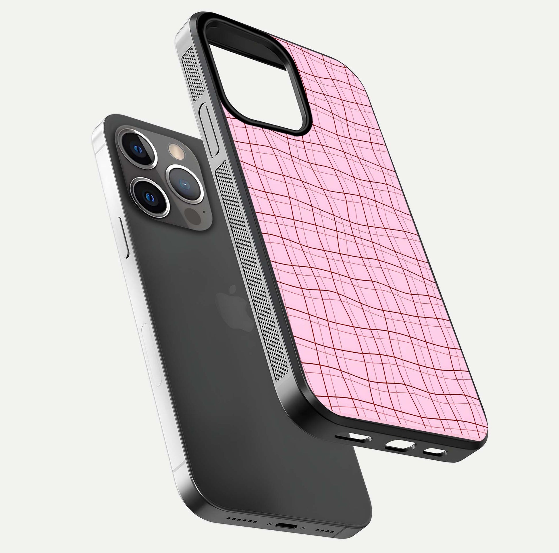 Soft Grid Bliss iPhone 13 Pro glass phone case floating view emphasizing glossy surface and minimal styling