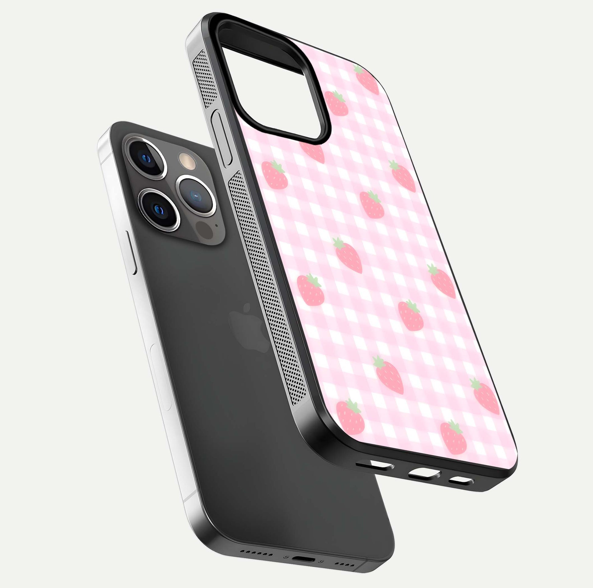 Strawberry Picnic Love iPhone 13 Pro glass phone case floating view emphasizing glossy finish and playful charm