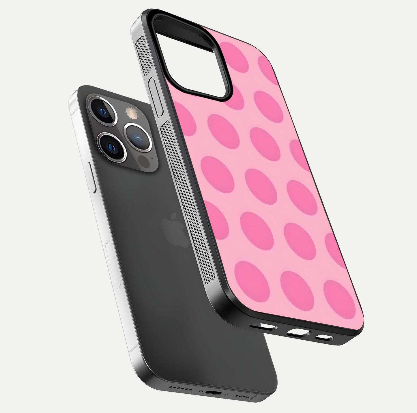 Sweet Dot Dreams iPhone 13 Pro glass phone case floating view emphasizing glossy surface and soft playful styling