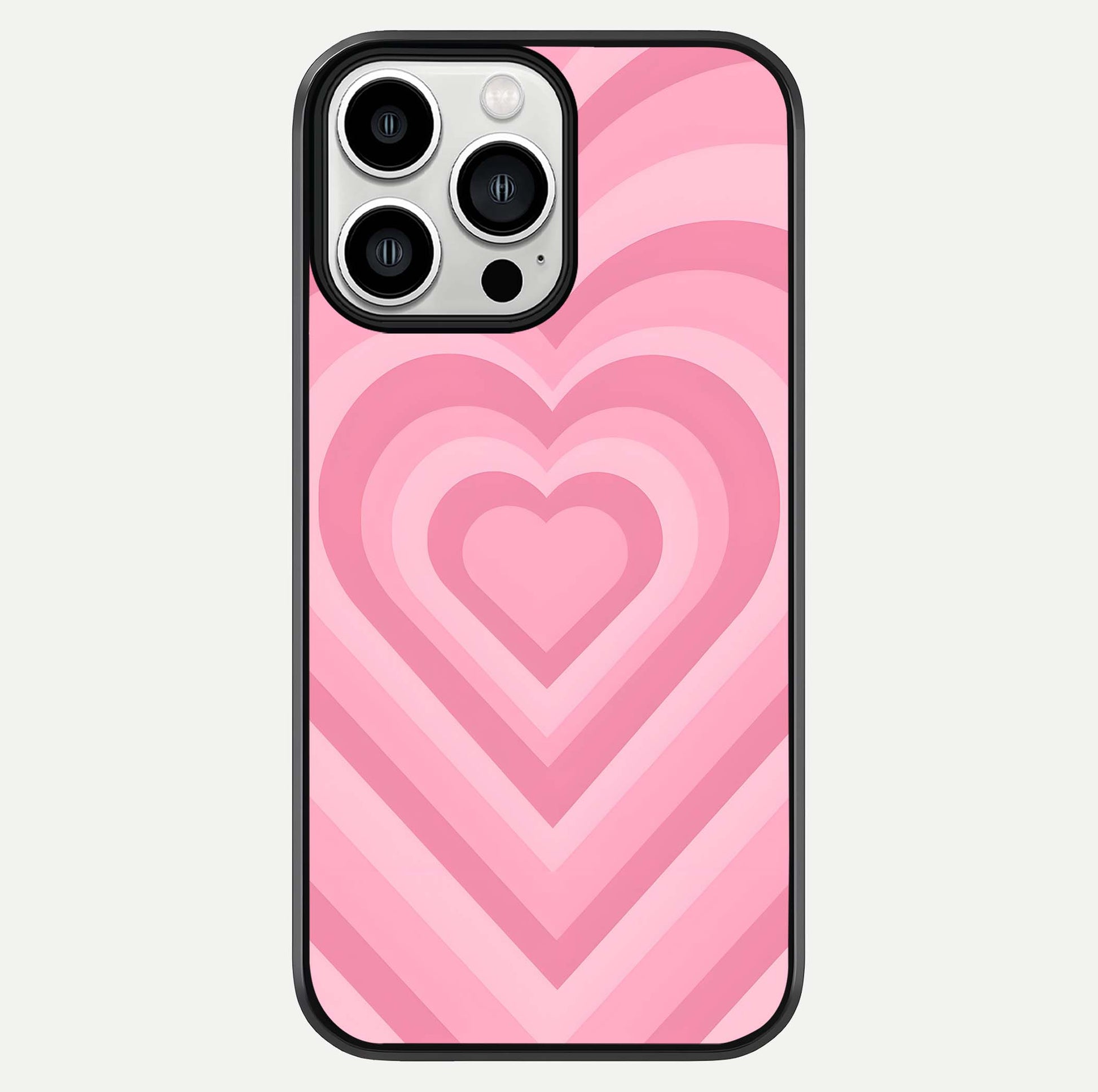 Blush Heart Waves iPhone 13 Pro Max glass phone case front view showcasing flowing heart wave patterns in soft blush tones