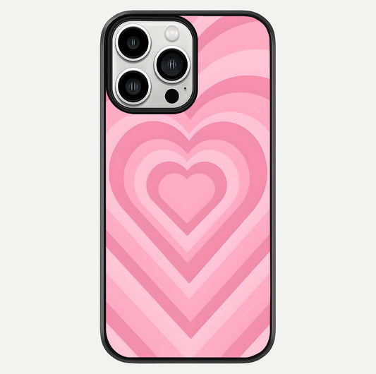 Blush Heart Waves iPhone 13 Pro Max glass phone case front view showcasing flowing heart wave patterns in soft blush tones