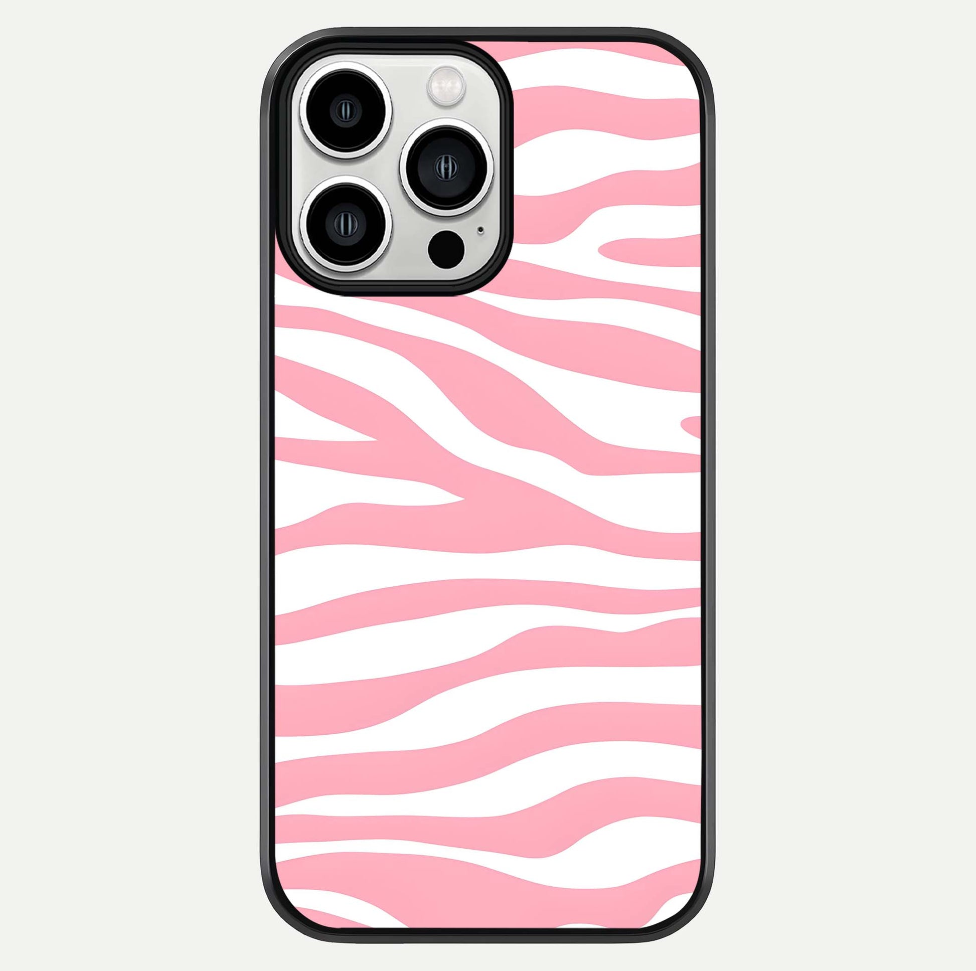 Blush Zebra Flow iPhone 13 Pro Max glass phone case front view featuring modern zebra flow pattern in blush tones