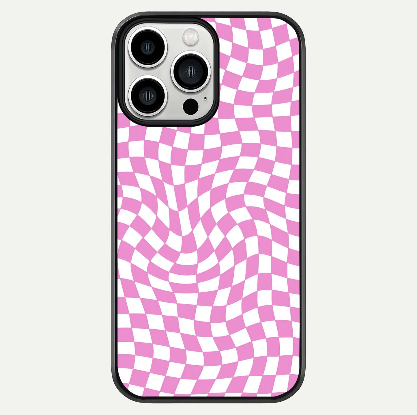 Bubblegum Check Wave iPhone 13 Pro Max glass phone case front view showcasing playful bubblegum check wave pattern with glossy finish