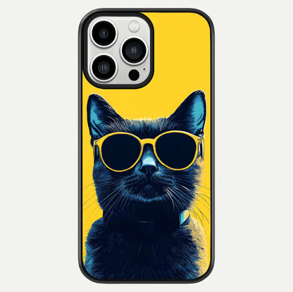 Cool Cat Vibes iPhone 13 Pro Max glass phone case front view featuring playful cat illustration with cool aesthetic tones