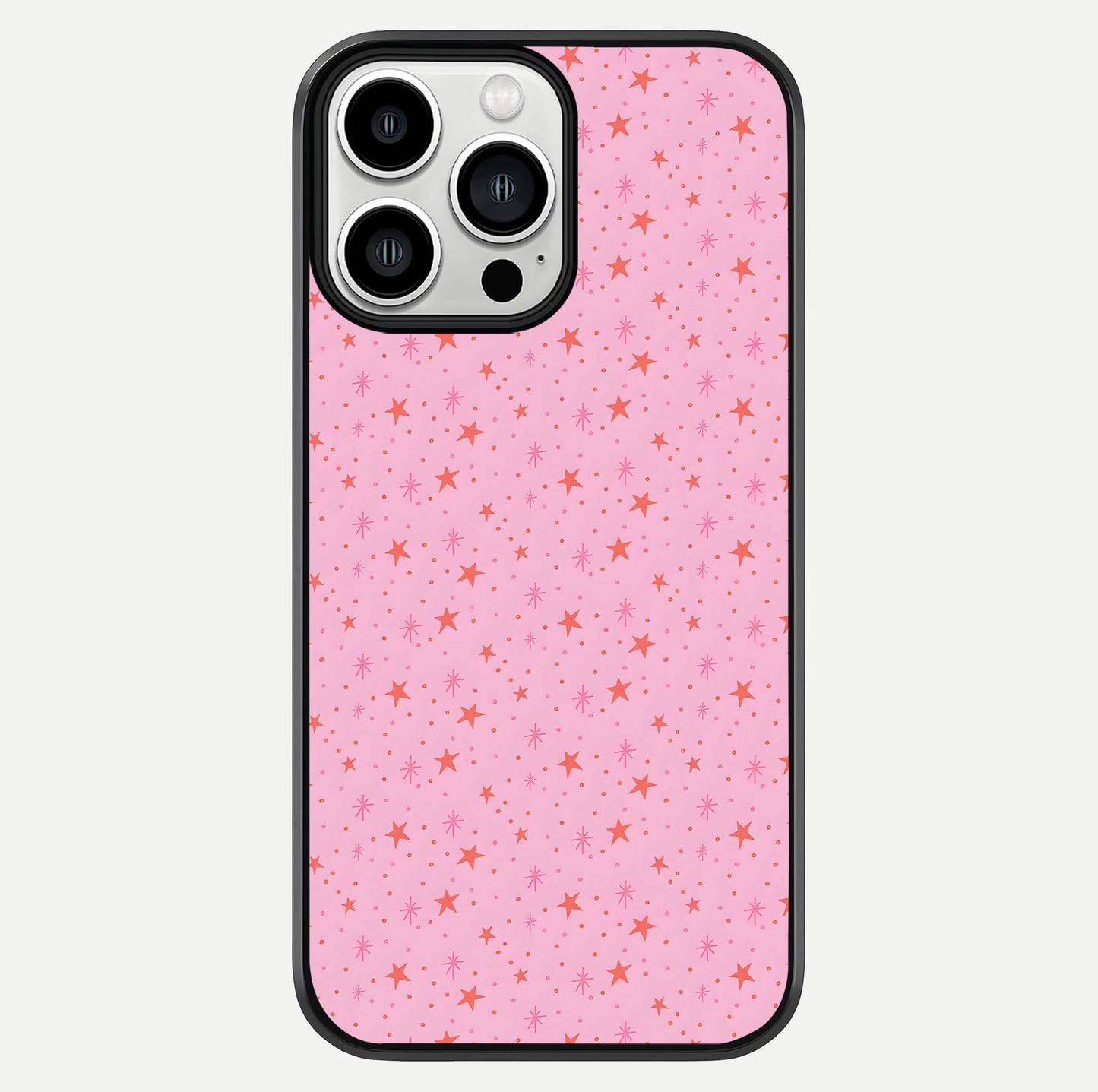 Cosmic Pink Sparkle iPhone 13 Pro Max glass phone case front view showcasing shimmering pink cosmic artwork with glossy finish