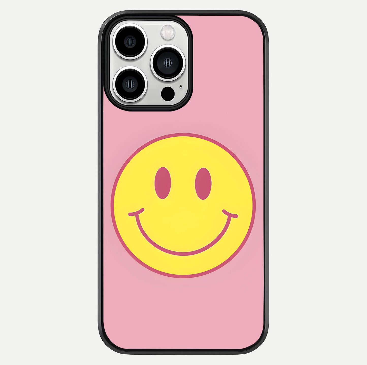 Happy Pink Mood iPhone 13 Pro Max glass phone case front view featuring cheerful pink tones and playful aesthetic design