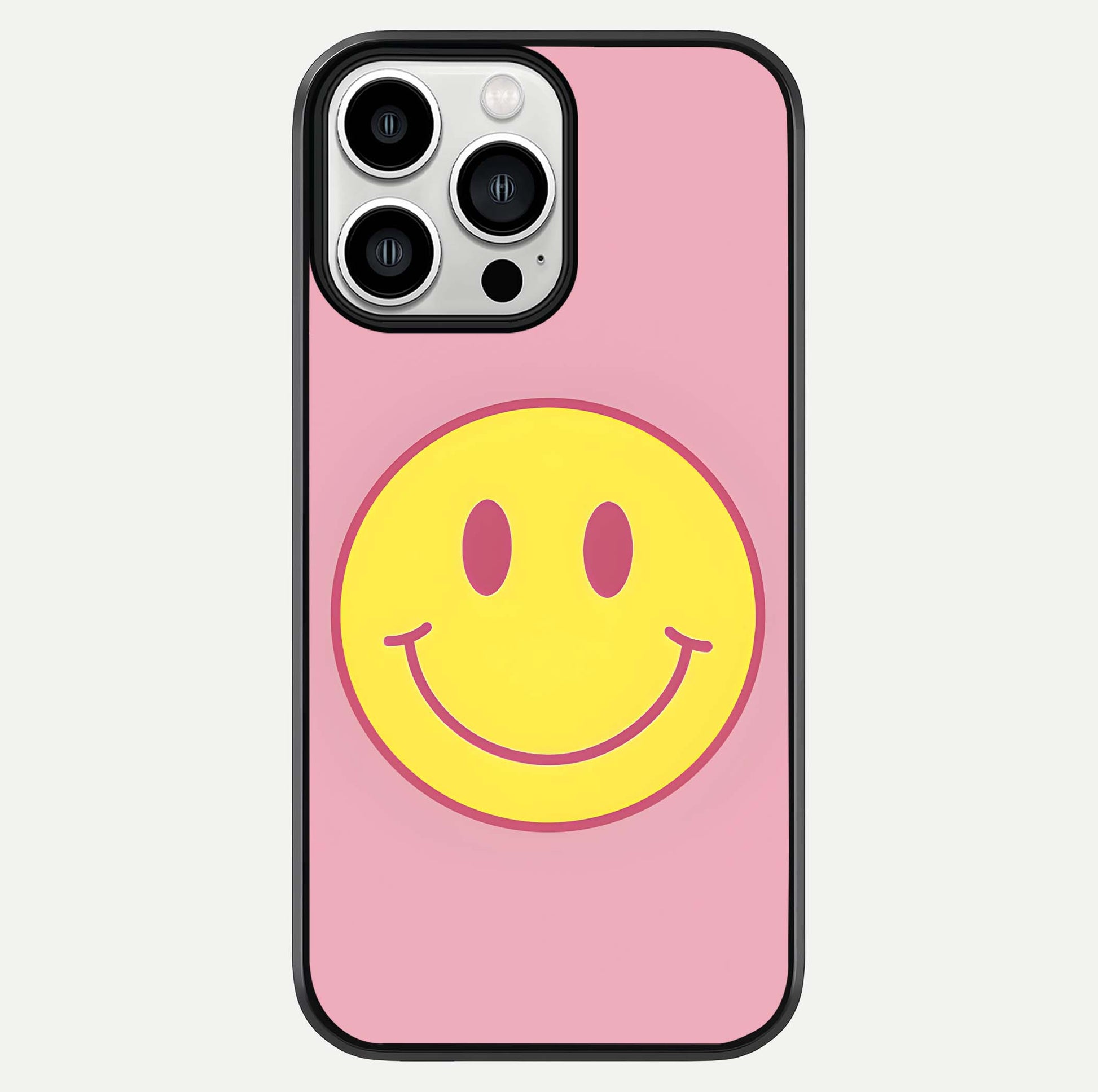 Happy Pink Mood iPhone 13 Pro Max glass phone case front view featuring cheerful pink tones and playful aesthetic design