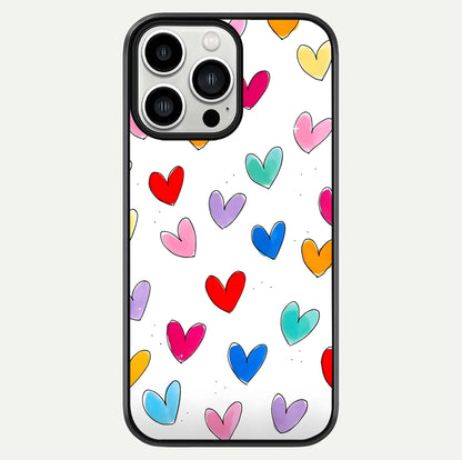 Playful Love Doodles iPhone 13 Pro Max glass phone case front view featuring cute love doodle illustrations with fun vibe