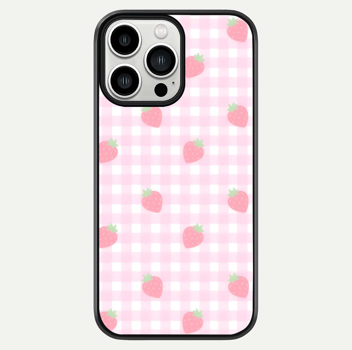 Strawberry Picnic Love iPhone 13 Pro Max glass phone case front view featuring cute strawberry picnic artwork with romantic vibe