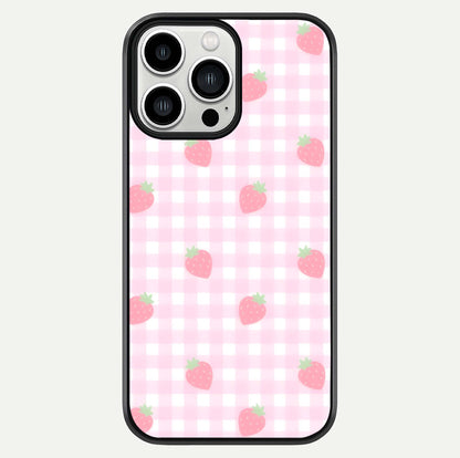 Strawberry Picnic Love iPhone 13 Pro Max glass phone case front view featuring cute strawberry picnic artwork with romantic vibe