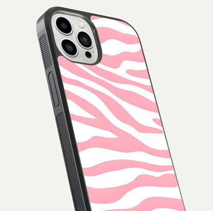 Blush Zebra Flow iPhone 13 Pro Max glass phone case angled back view highlighting bold zebra artwork and textured side grip