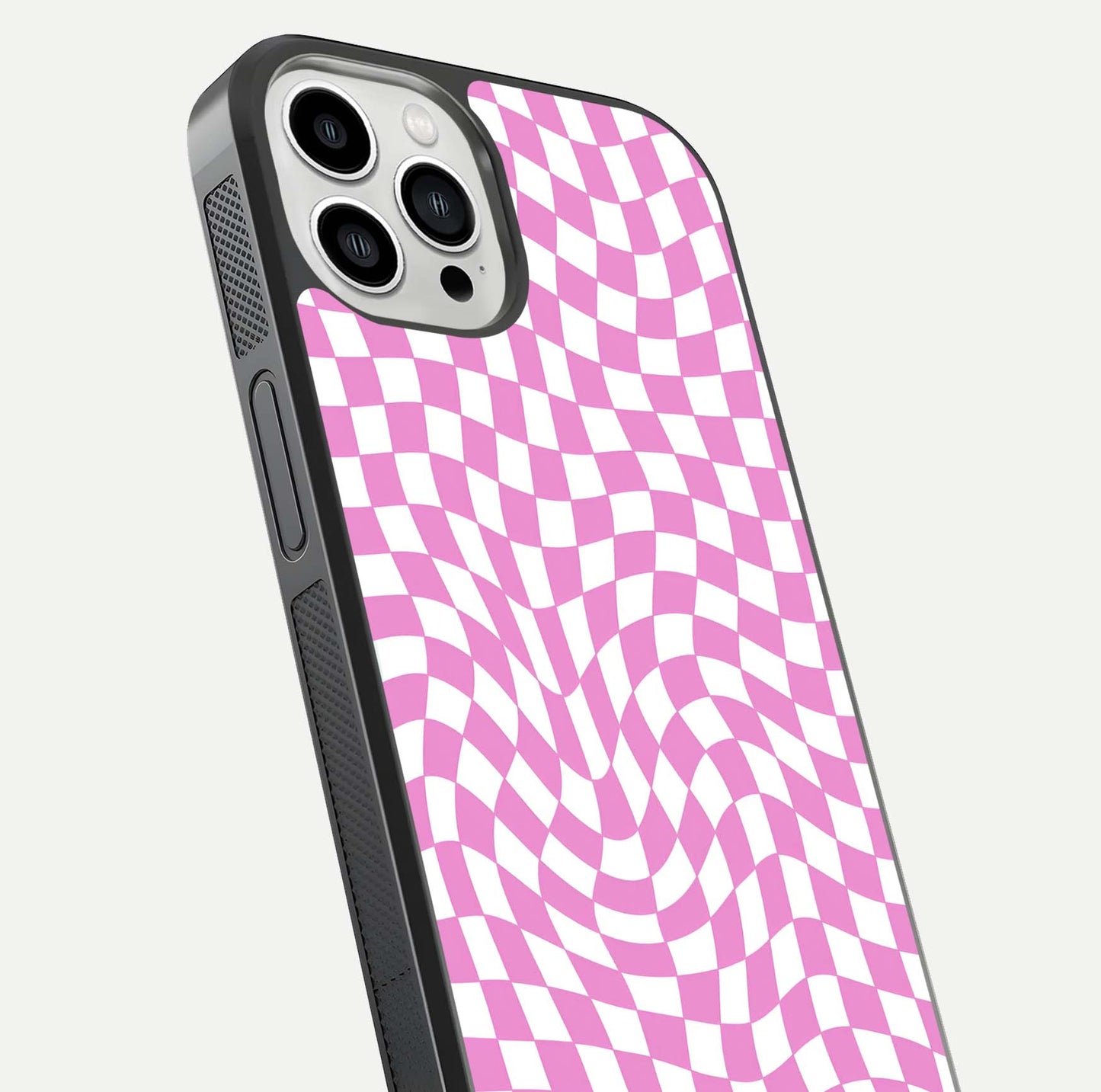 Bubblegum Check Wave iPhone 13 Pro Max glass phone case angled back view highlighting check wave artwork and side grip texture