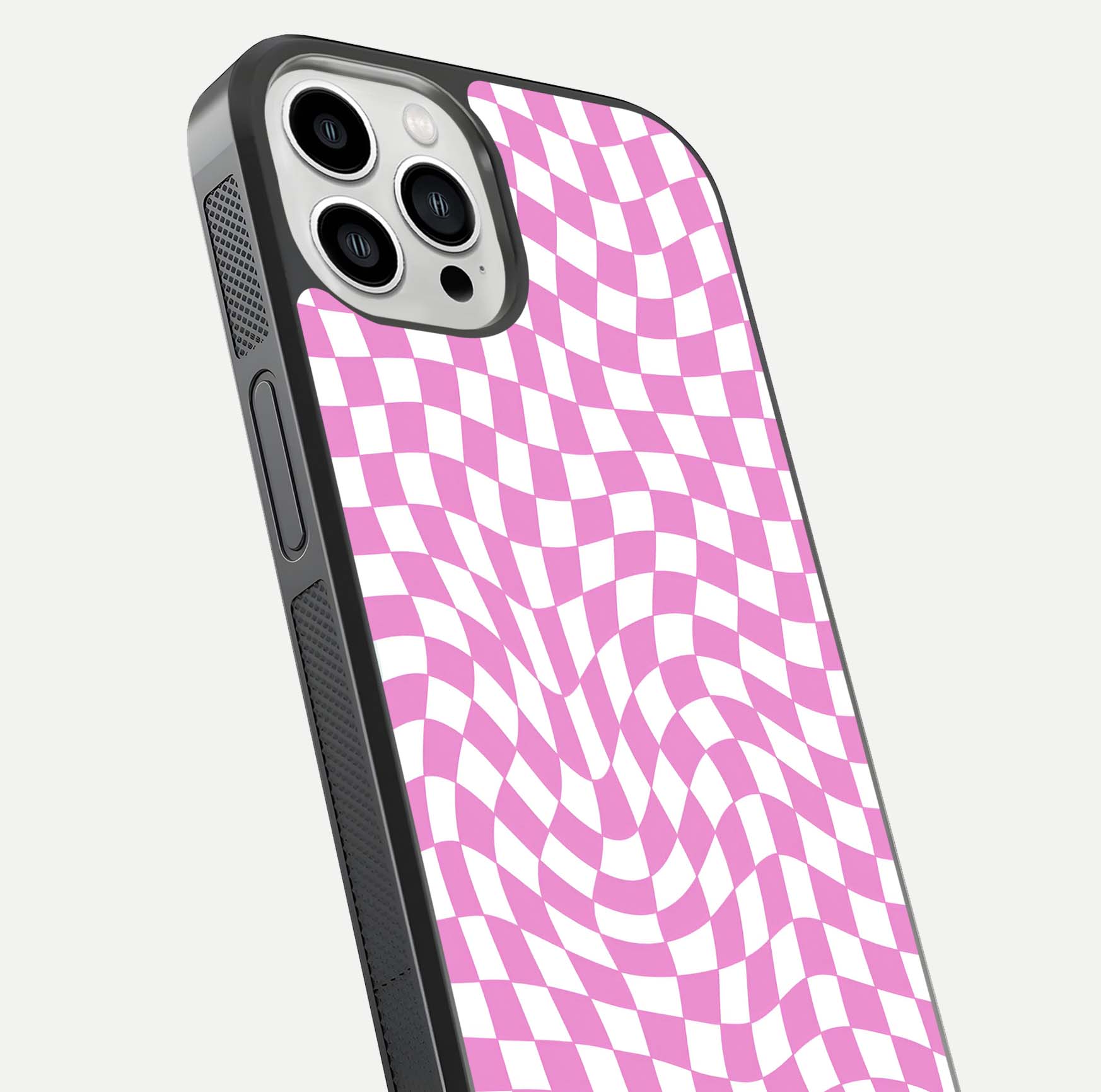 Bubblegum Check Wave iPhone 13 Pro Max glass phone case angled back view highlighting check wave artwork and side grip texture