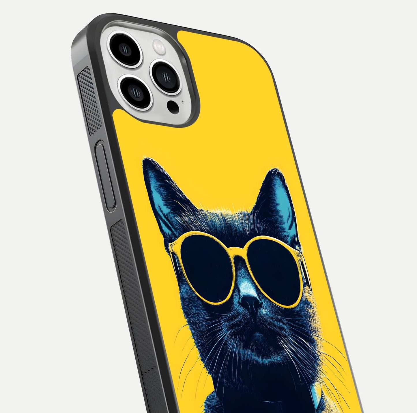 Cool Cat Vibes iPhone 13 Pro Max glass phone case angled back view highlighting cat artwork and textured side grip