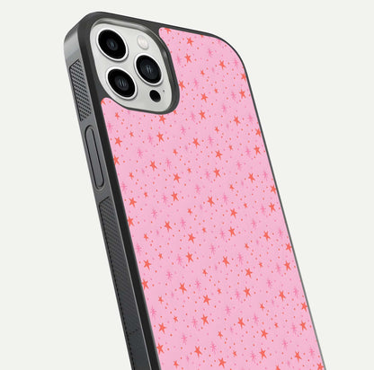 Cosmic Pink Sparkle iPhone 13 Pro Max glass phone case angled back view highlighting sparkling galaxy design and textured side grip