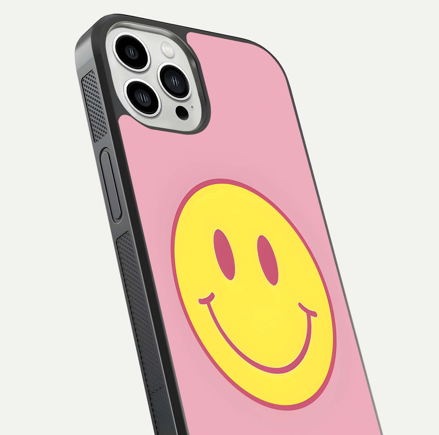 Happy Pink Mood iPhone 13 Pro Max glass phone case angled back view highlighting bright pink artwork and side grip texture