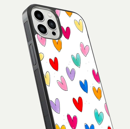 Playful Love Doodles iPhone 13 Pro Max glass phone case angled back view highlighting doodle artwork and textured grip edges