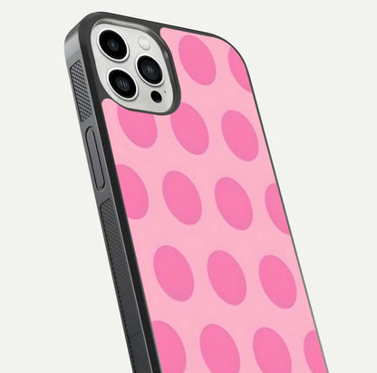 Sweet Dot Dreams iPhone 13 Pro Max glass phone case angled back view highlighting dotted artwork and side grip texture