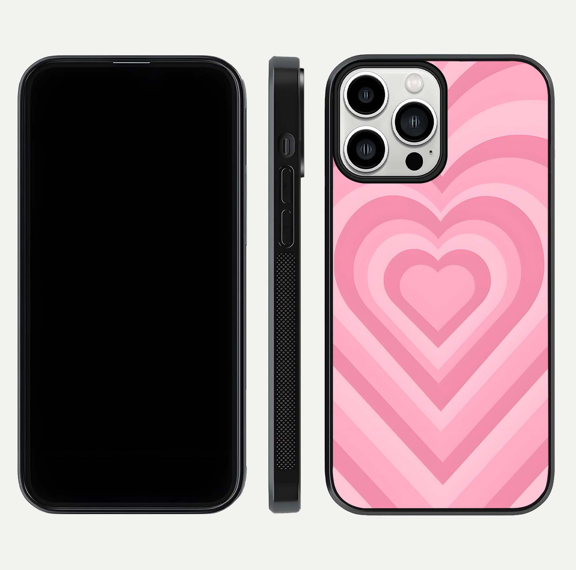 Blush Heart Waves iPhone 13 Pro Max glass phone case front and side layout view displaying slim frame and full heart pattern