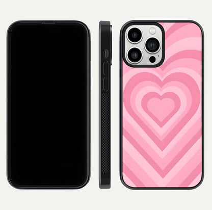 Blush Heart Waves iPhone 13 Pro Max glass phone case front and side layout view displaying slim frame and full heart pattern