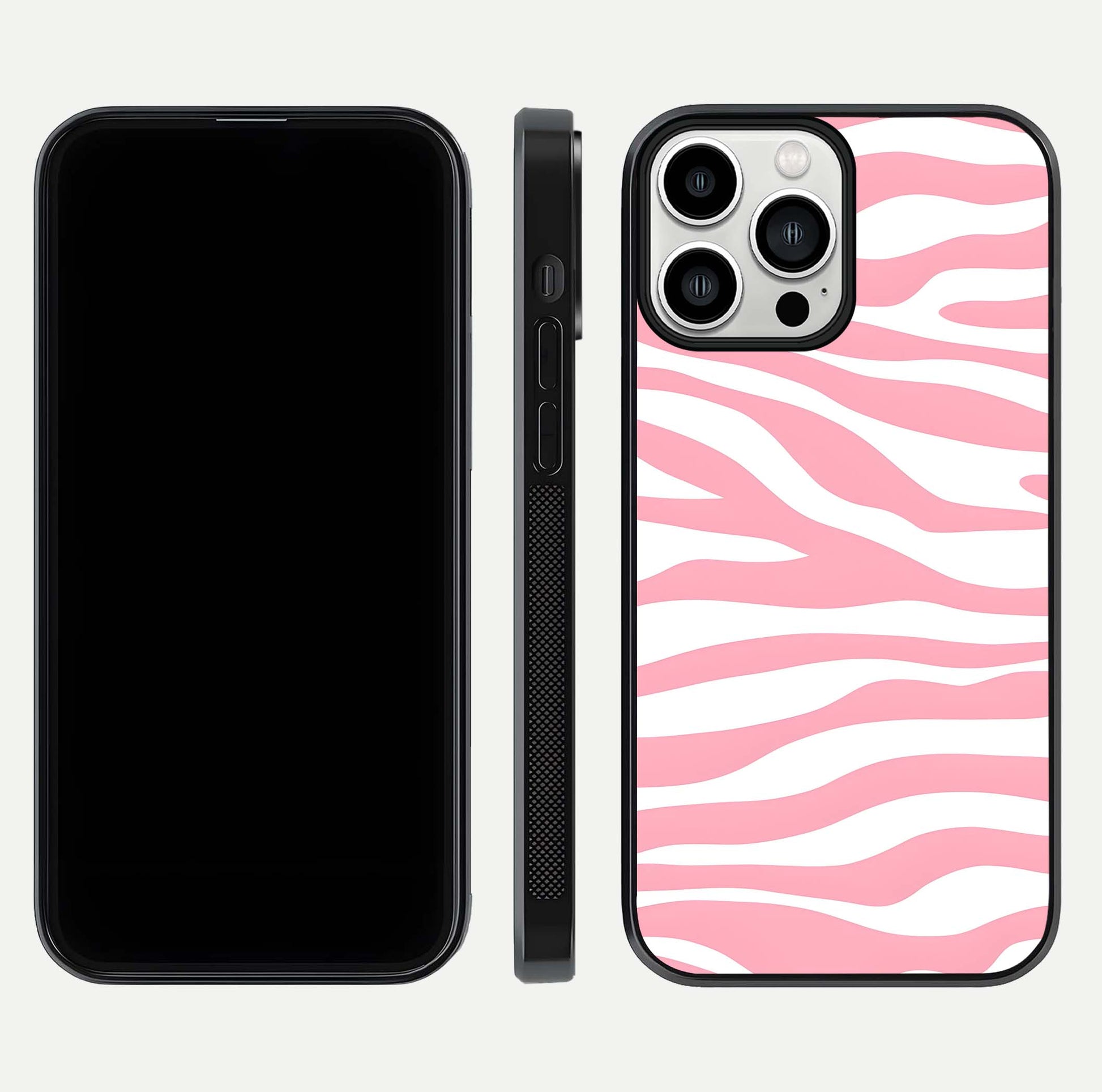 Blush Zebra Flow iPhone 13 Pro Max glass phone case front and side layout view showing slim build and flowing pattern coverage
