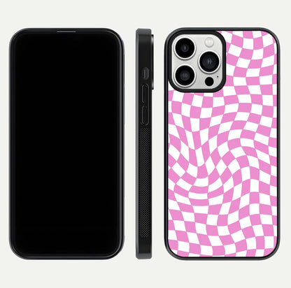 Bubblegum Check Wave iPhone 13 Pro Max glass phone case front and side layout view displaying slim profile and full pattern coverage