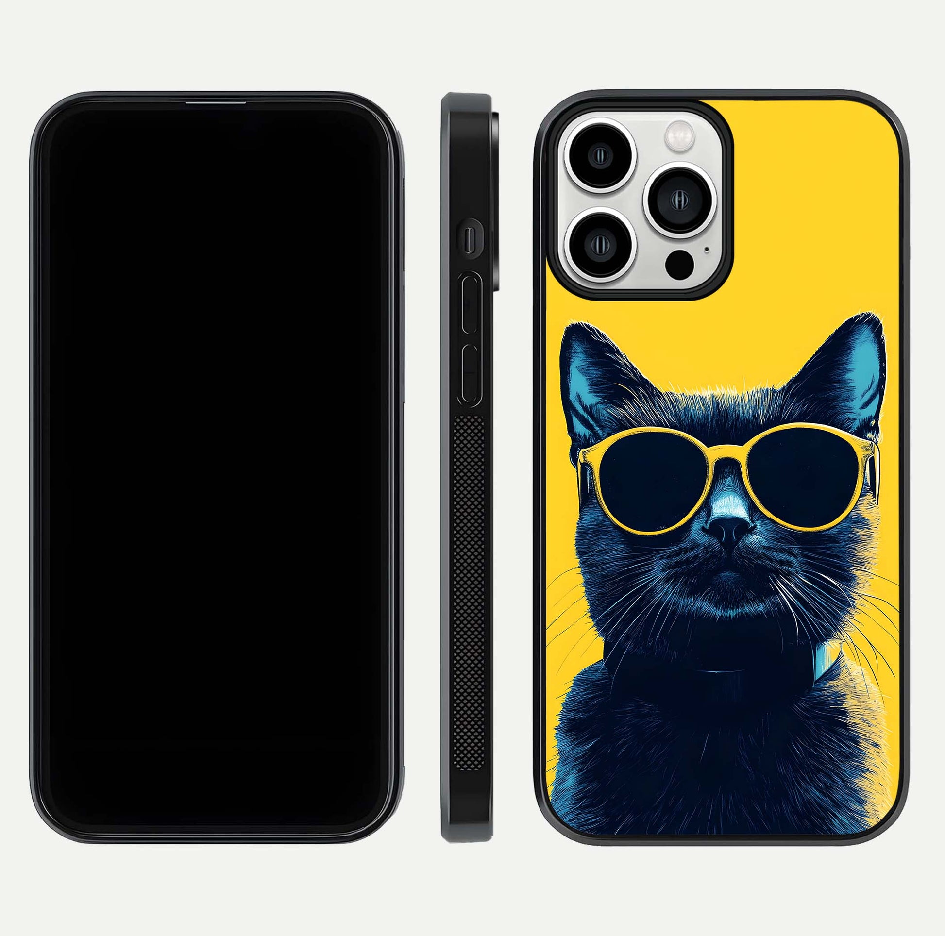 Cool Cat Vibes iPhone 13 Pro Max glass phone case front and side layout view showing slim frame and full design coverage