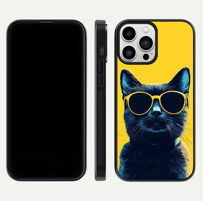 Cool Cat Vibes iPhone 13 Pro Max glass phone case front and side layout view showing slim frame and full design coverage