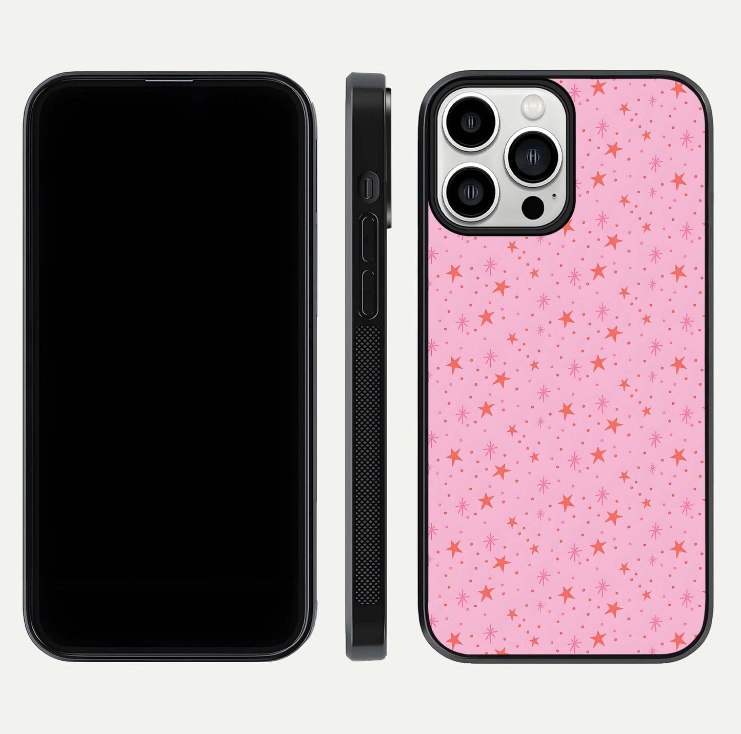 Cosmic Pink Sparkle iPhone 13 Pro Max glass phone case front and side layout view displaying slim profile and full cosmic coverage