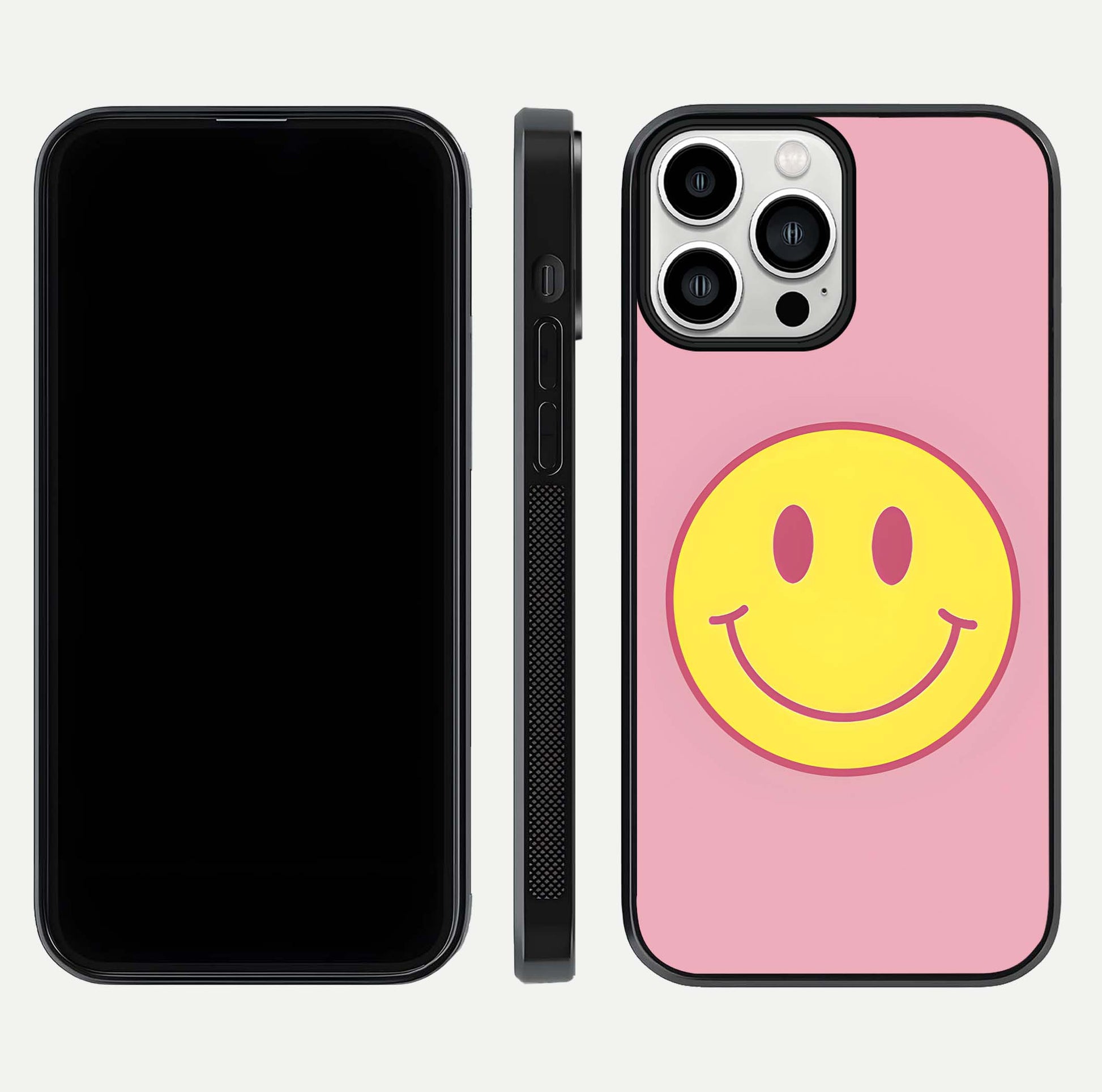 Happy Pink Mood iPhone 13 Pro Max glass phone case front and side layout view showing slim build and full pink coverage