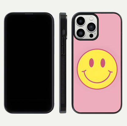 Happy Pink Mood iPhone 13 Pro Max glass phone case front and side layout view showing slim build and full pink coverage