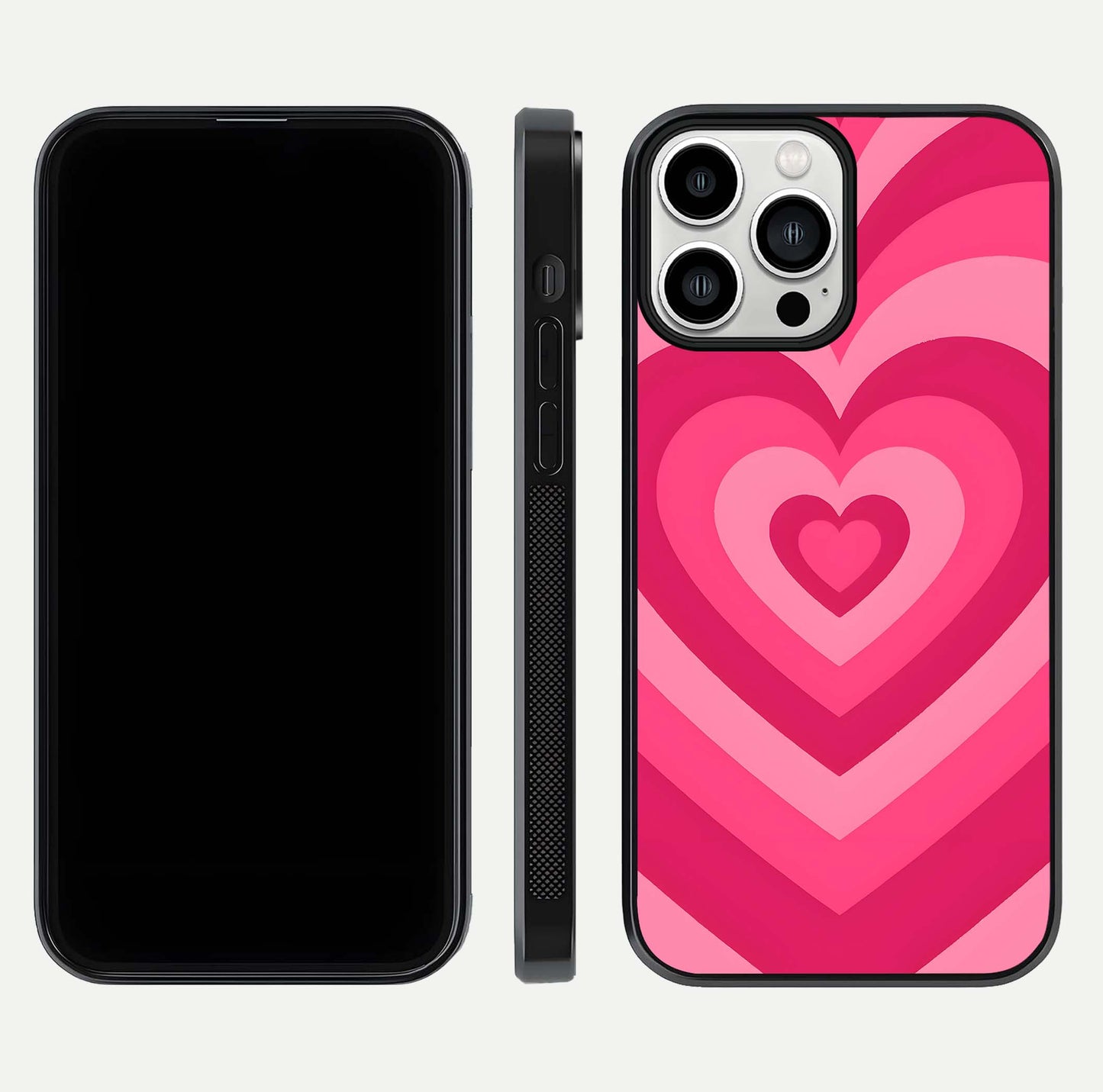 Layered Love Hearts iPhone 13 Pro Max glass phone case front and side layout view displaying slim profile and full heart design
