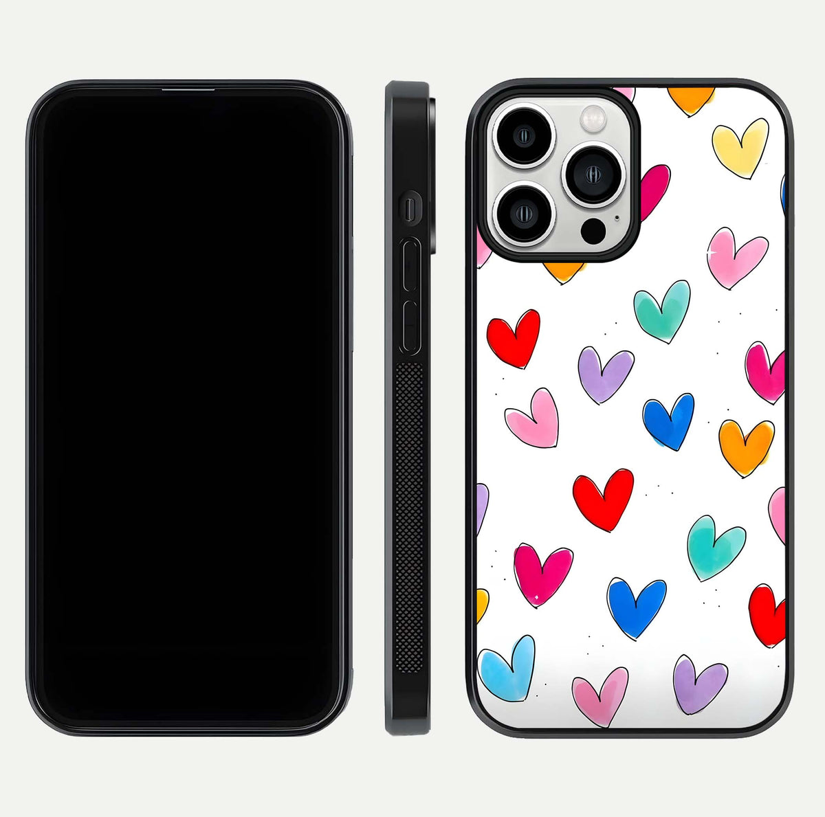Playful Love Doodles iPhone 13 Pro Max glass phone case front and side layout view showing slim build and full doodle coverage