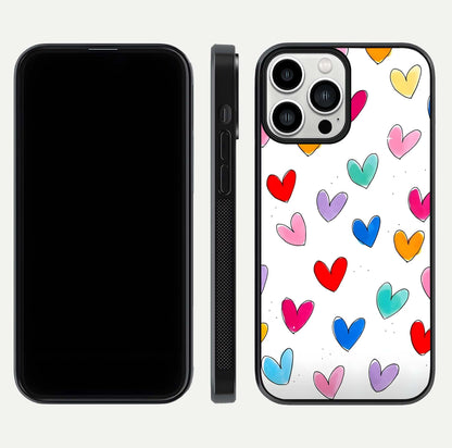 Playful Love Doodles iPhone 13 Pro Max glass phone case front and side layout view showing slim build and full doodle coverage