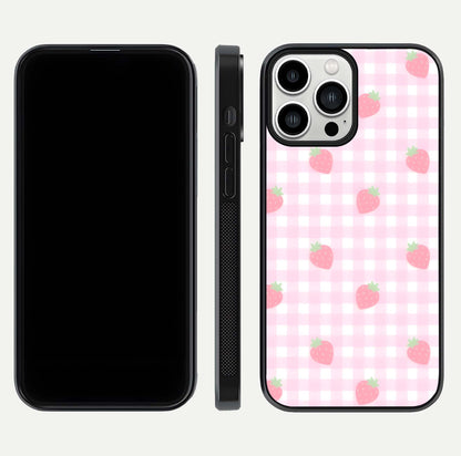 Strawberry Picnic Love iPhone 13 Pro Max glass phone case front and side layout view showing slim profile and full picnic design