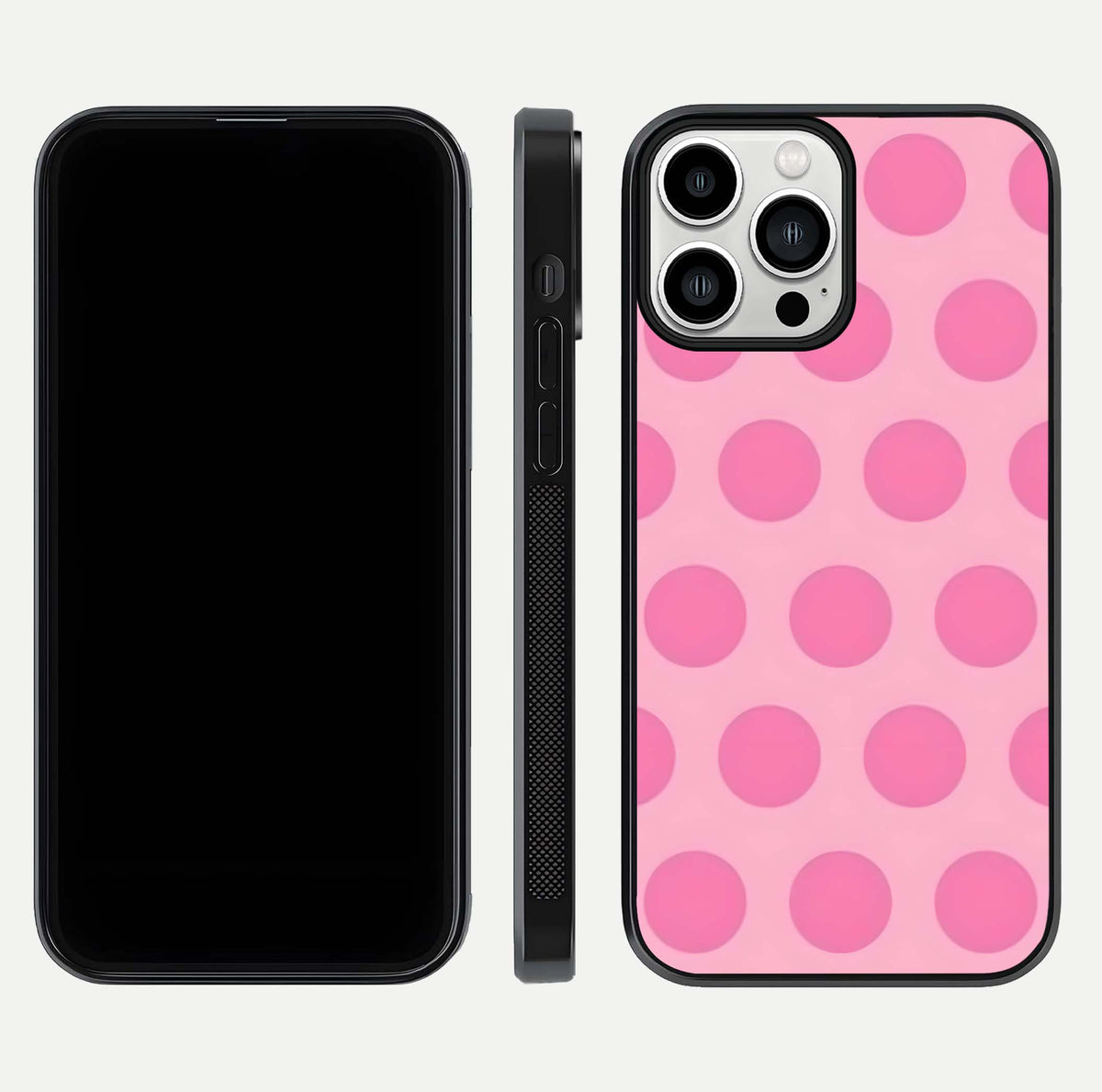 Sweet Dot Dreams iPhone 13 Pro Max glass phone case front and side layout view displaying slim build and full dot design