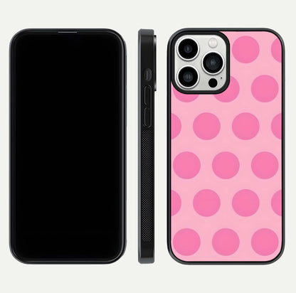 Sweet Dot Dreams iPhone 13 Pro Max glass phone case front and side layout view displaying slim build and full dot design
