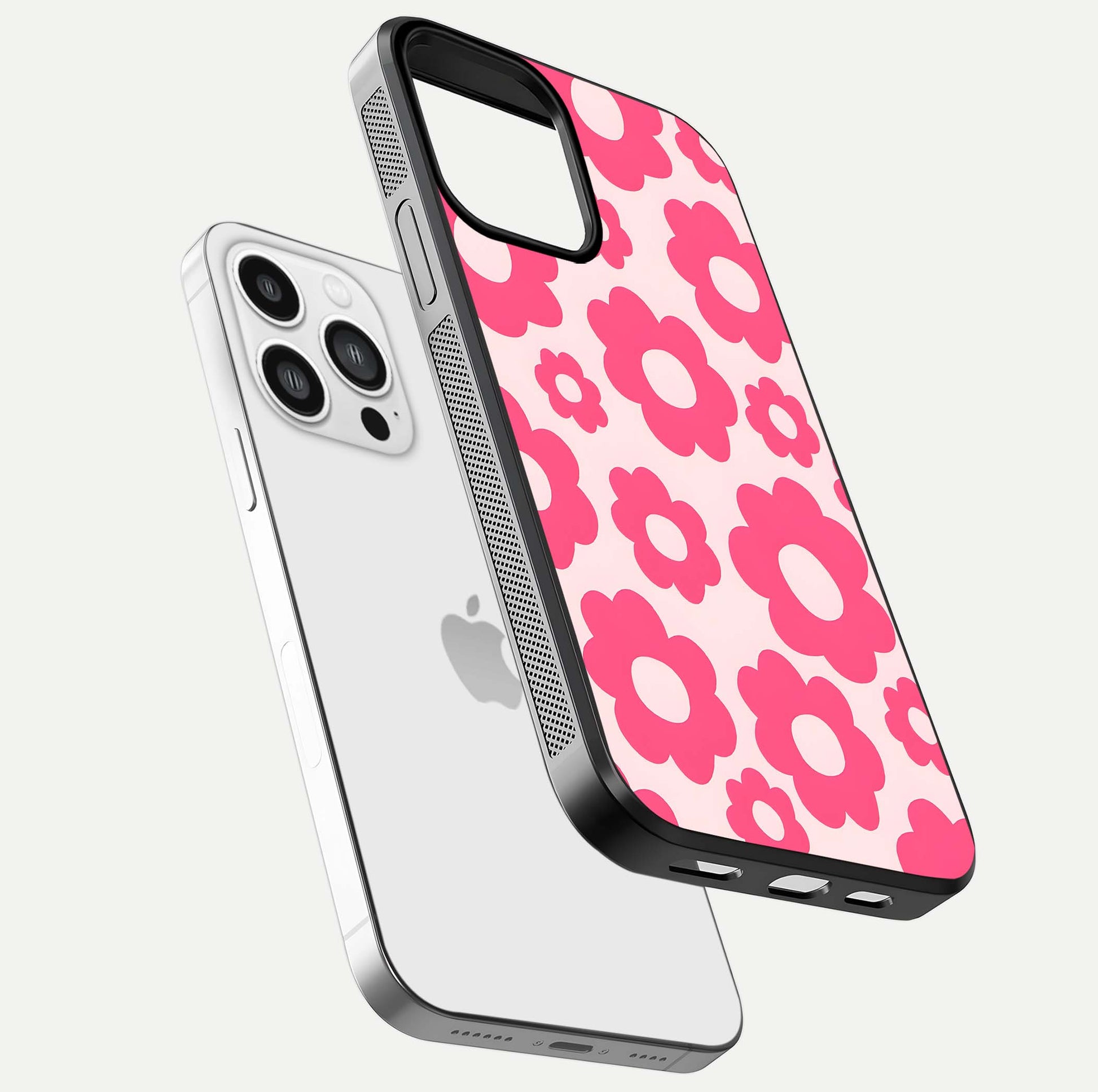 Blush Flower Pop iPhone 13 Pro Max glass phone case floating view emphasizing premium build and vibrant flower artwork