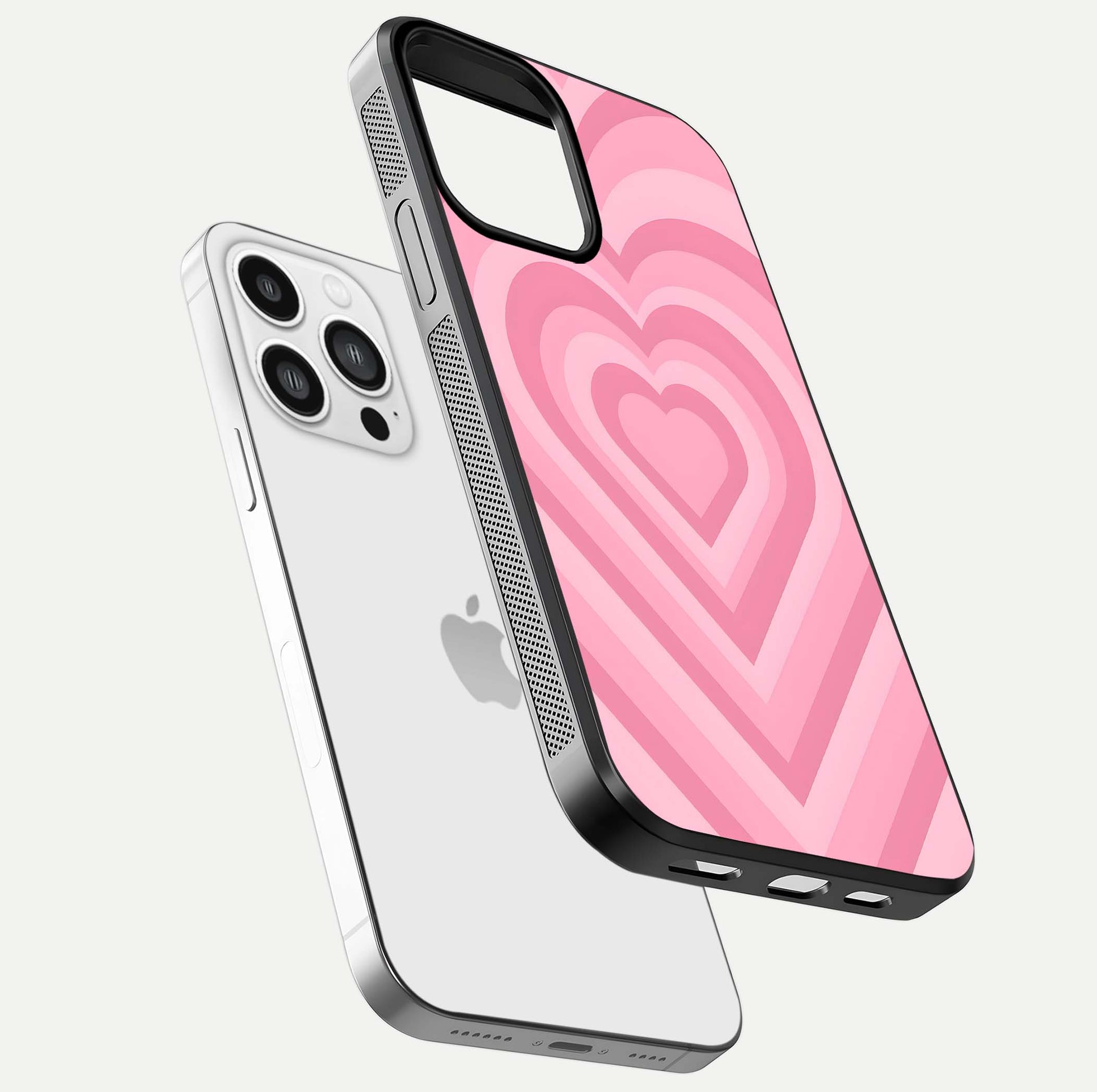 Blush Heart Waves iPhone 13 Pro Max glass phone case floating view emphasizing glossy finish and layered heart design