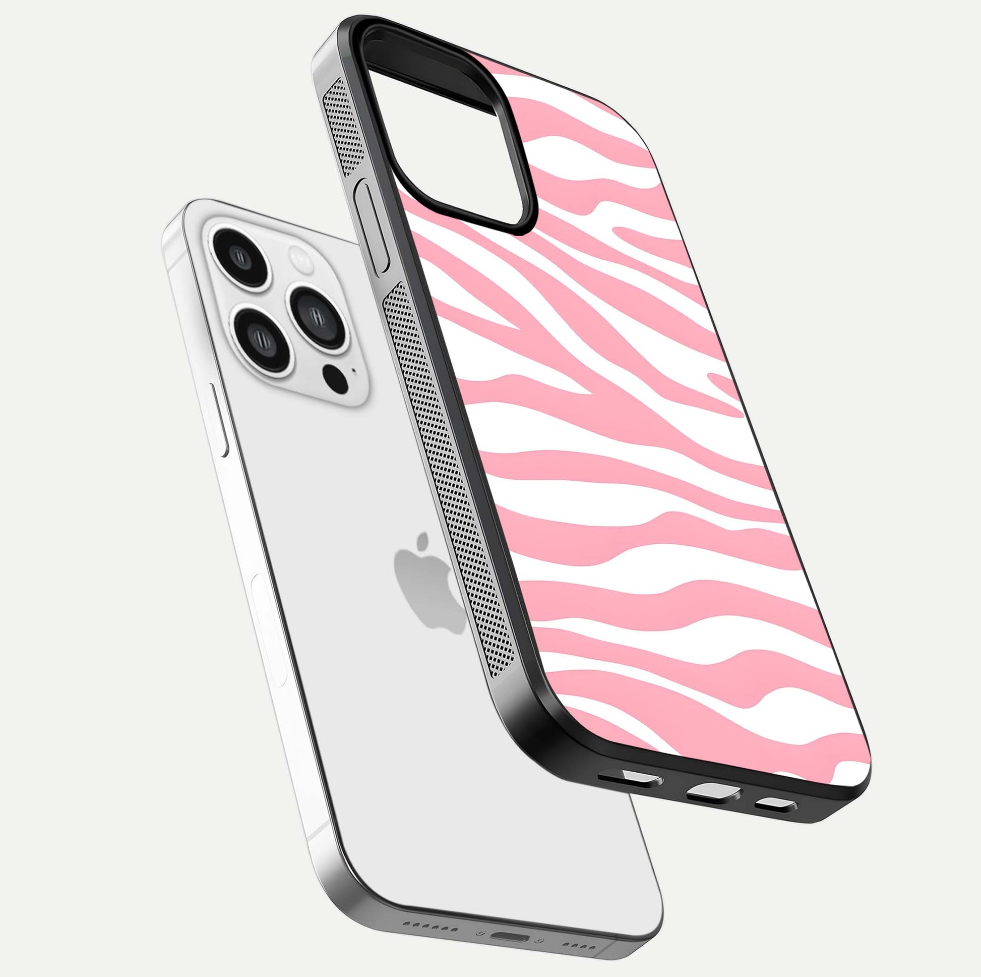 Blush Zebra Flow iPhone 13 Pro Max glass phone case floating view emphasizing premium glossy surface and dynamic design
