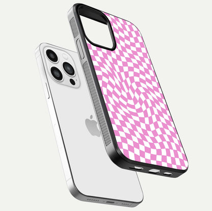 Bubblegum Check Wave iPhone 13 Pro Max glass phone case floating view emphasizing premium glass finish and vibrant design
