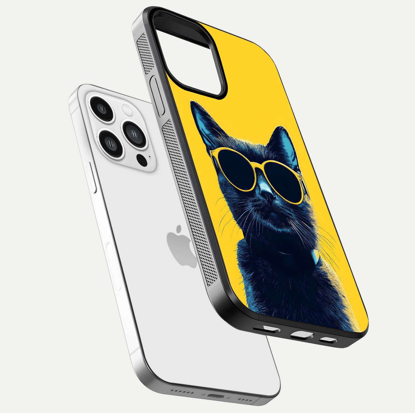 Cool Cat Vibes iPhone 13 Pro Max glass phone case floating view emphasizing glossy finish and fun cat vibe