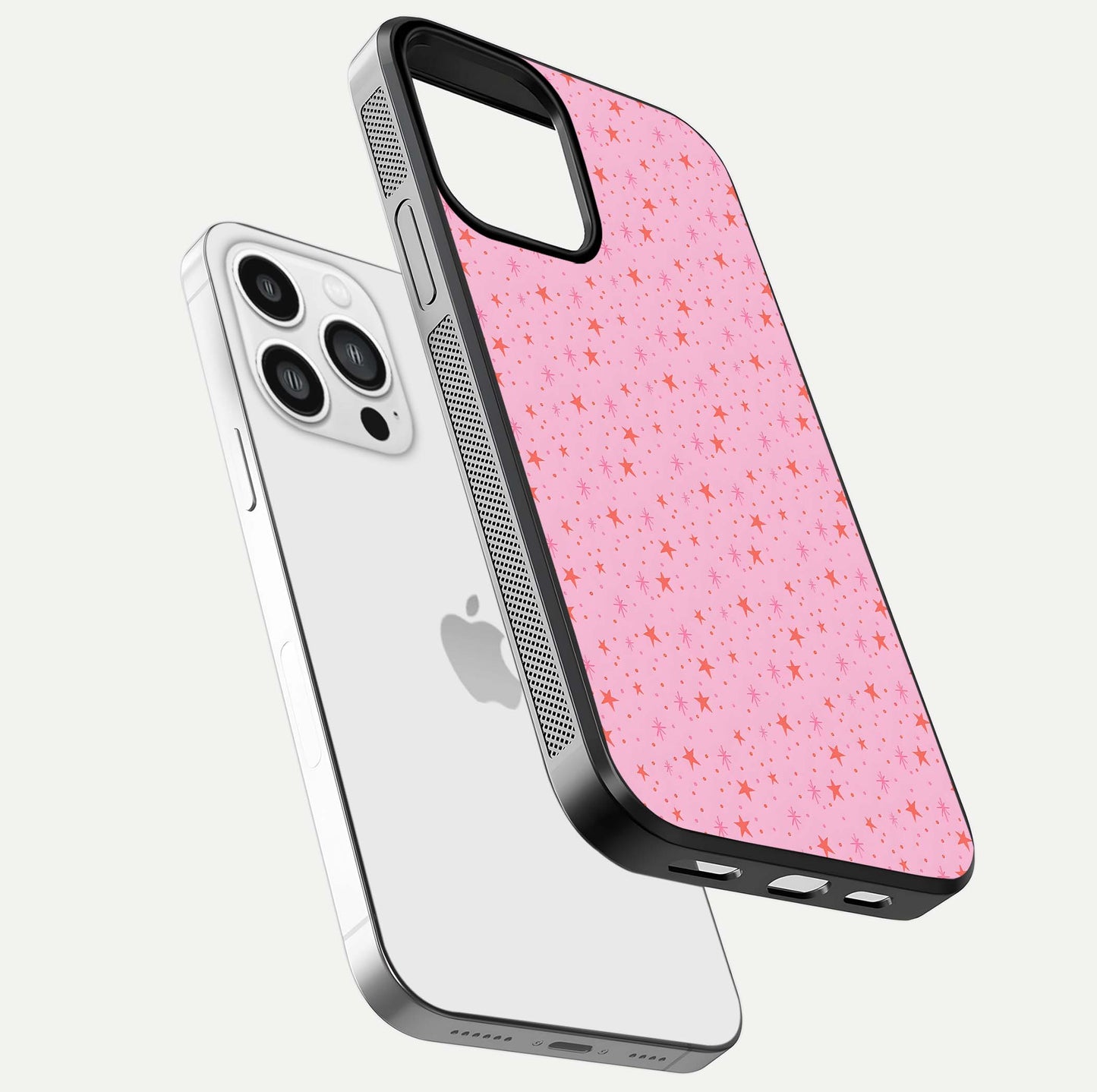 Cosmic Pink Sparkle iPhone 13 Pro Max glass phone case floating view emphasizing premium glass surface and glittering details
