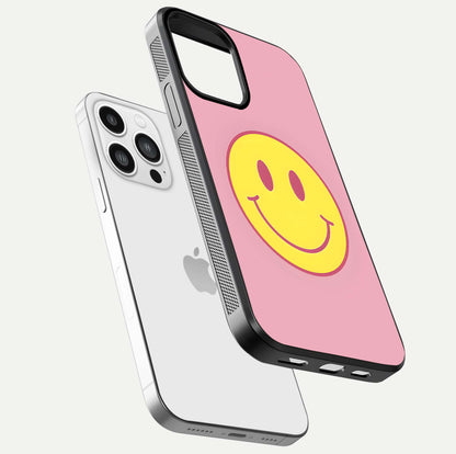 Happy Pink Mood iPhone 13 Pro Max glass phone case floating view emphasizing glossy finish and joyful color palette
