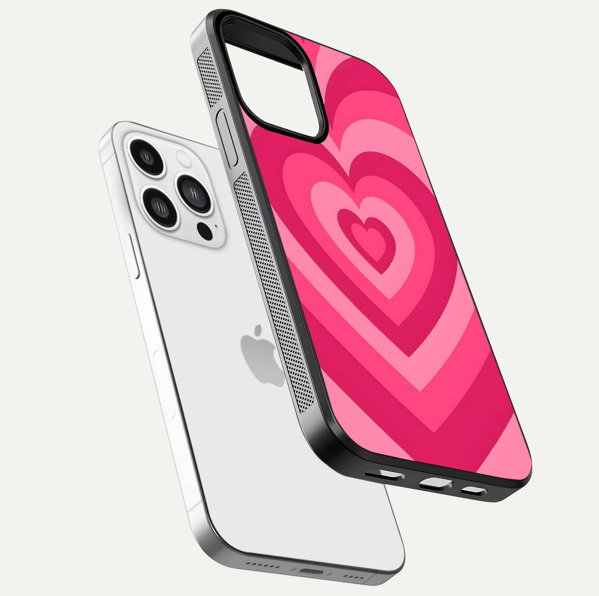 Layered Love Hearts iPhone 13 Pro Max glass phone case floating view emphasizing glossy surface and layered heart details