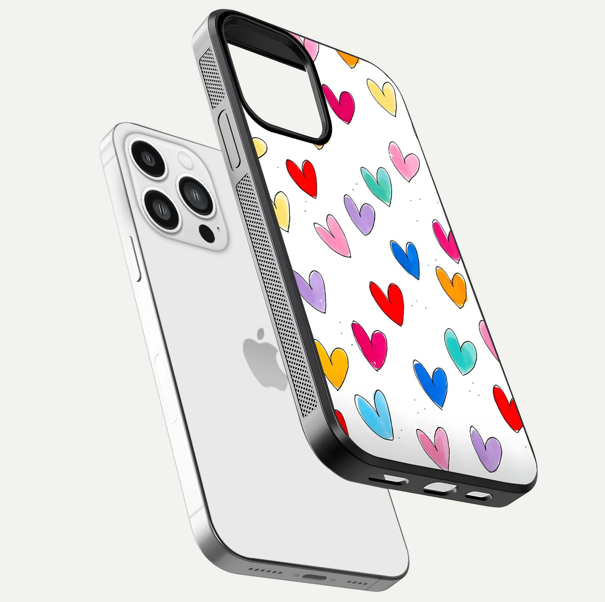 Playful Love Doodles iPhone 13 Pro Max glass phone case floating view emphasizing glossy finish and playful design