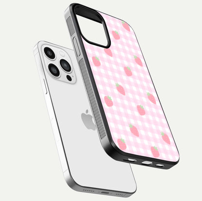 Strawberry Picnic Love iPhone 13 Pro Max glass phone case floating view emphasizing glossy finish and playful charm