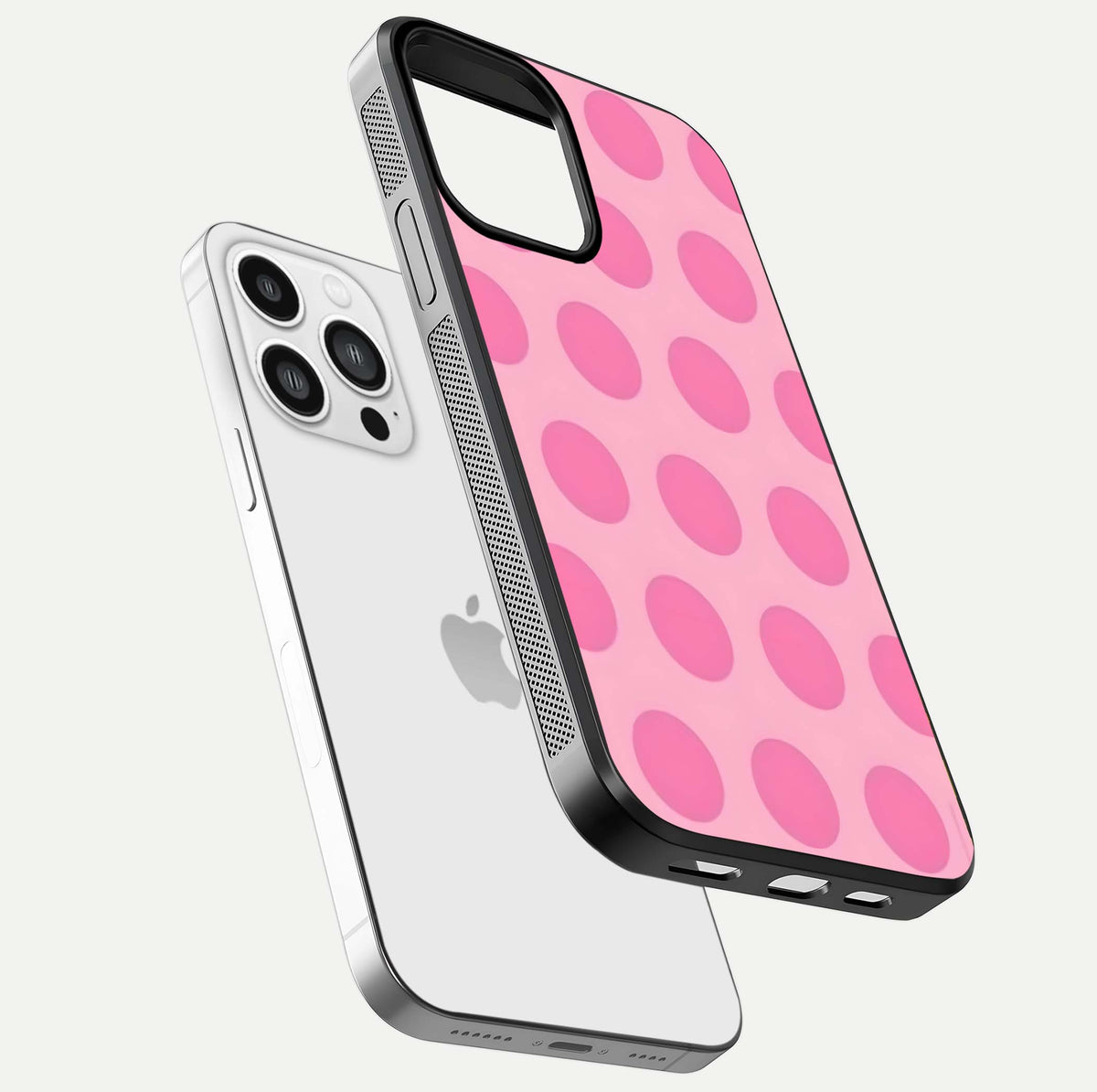 Sweet Dot Dreams iPhone 13 Pro Max glass phone case floating view emphasizing glossy surface and soft playful styling
