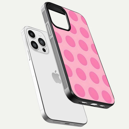 Sweet Dot Dreams iPhone 13 Pro Max glass phone case floating view emphasizing glossy surface and soft playful styling