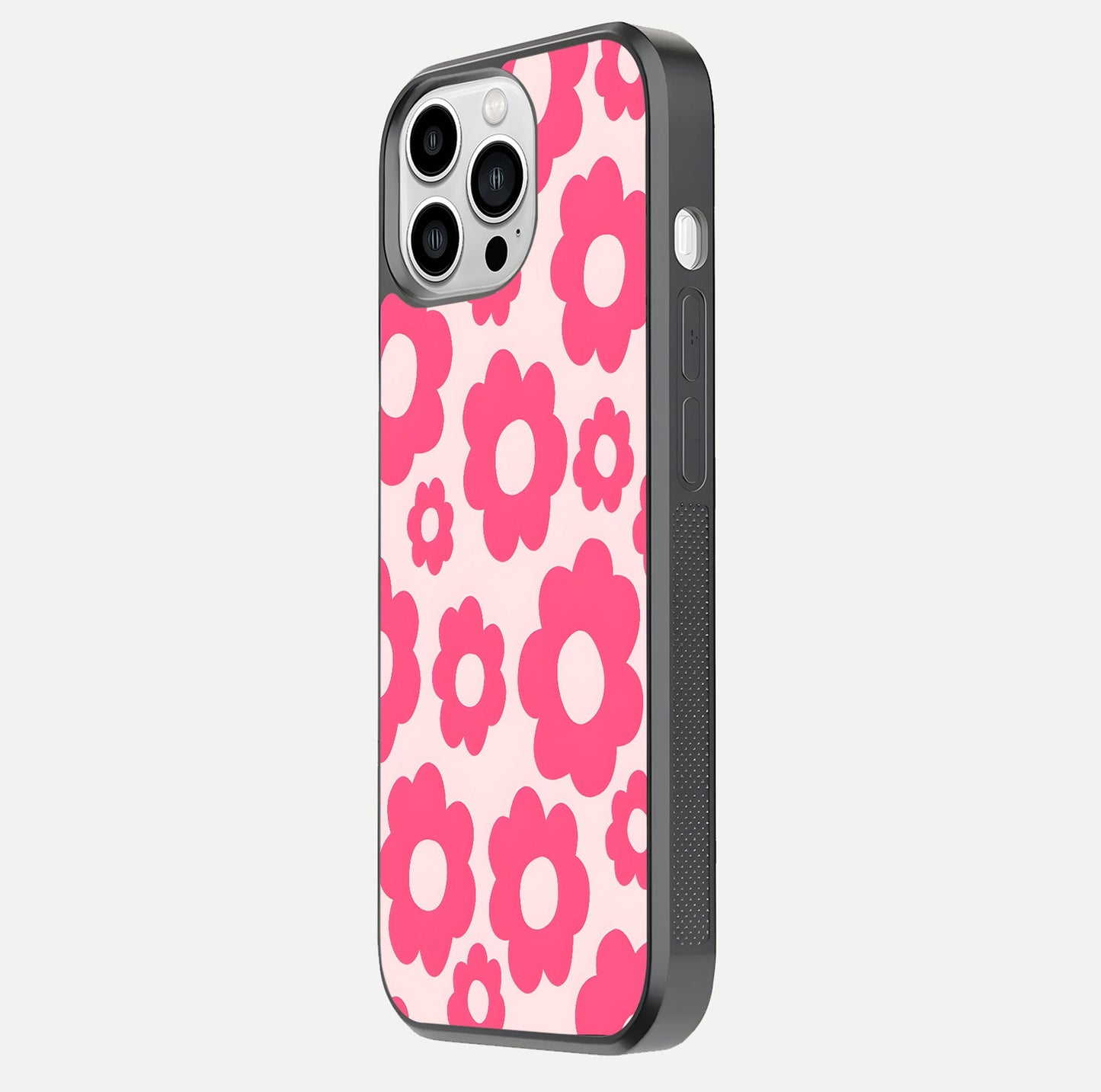 Blush Flower Pop iPhone 13 Pro Max glass phone case side profile view focusing on clean edges and seamless floral wrap
